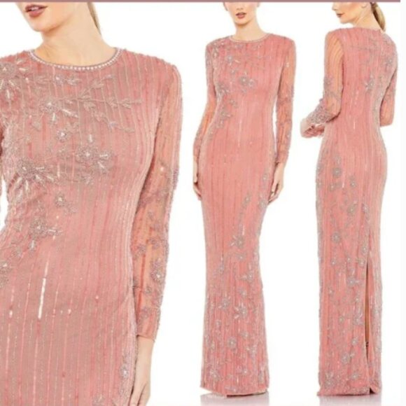 MAC DUGGAL 93626 EMBELLISHED HIGH NECK ILLUSIONS LONG SLEEVE ROSE GOWN sz 6 - Picture 8 of 8